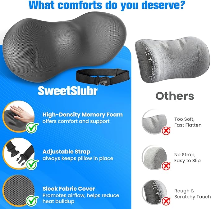 SweetSlubr Lumbar Support Pillow for Office Chair - Memory Foam Lumbar Pillow with Detachable Strap & Breathable Cover, Ergonomic Back Support for Office Chair, Car Seat Cushion, Bed Rest (Grey)
