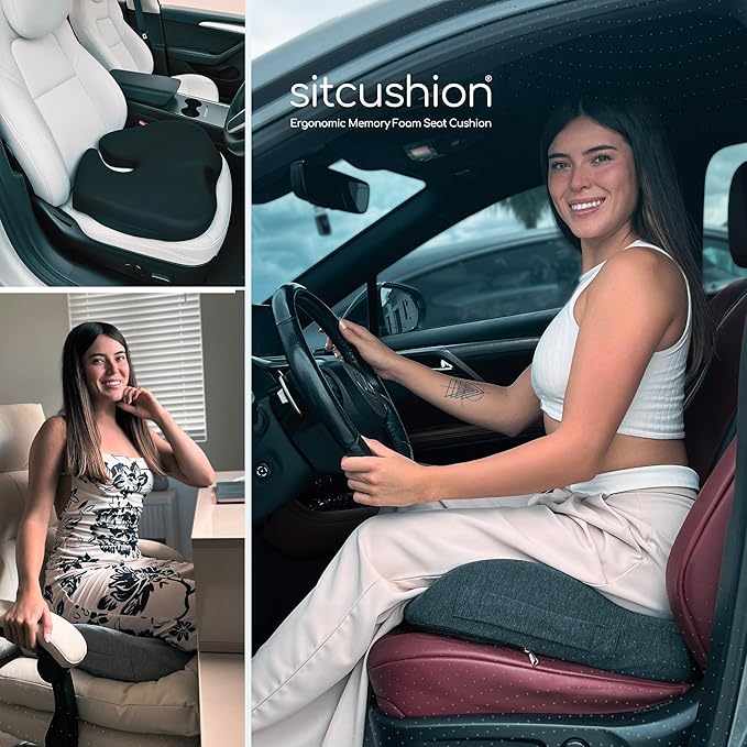 SitCushion Car Seat Cushion for Long Driving – X Large Memory Foam Seat Cushion for Sciatica & Tailbone Pain Relief, Orthopedic Coccyx Cushion with Non-Slip Bottom, Back Pillow for Car, Truck (Gray)