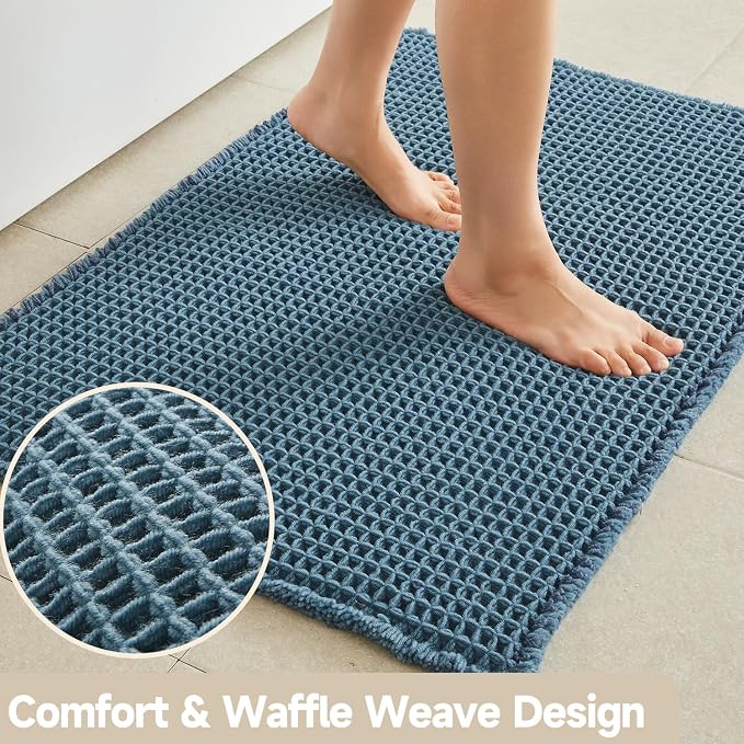 TYUU Waffle Runner Rug Bathroom, Long Boho Bathroom Rugs Non Slip Washable Super Absorbent Quick Dry Farmhouse Bath Decor, 60"x24" Denim Blue
