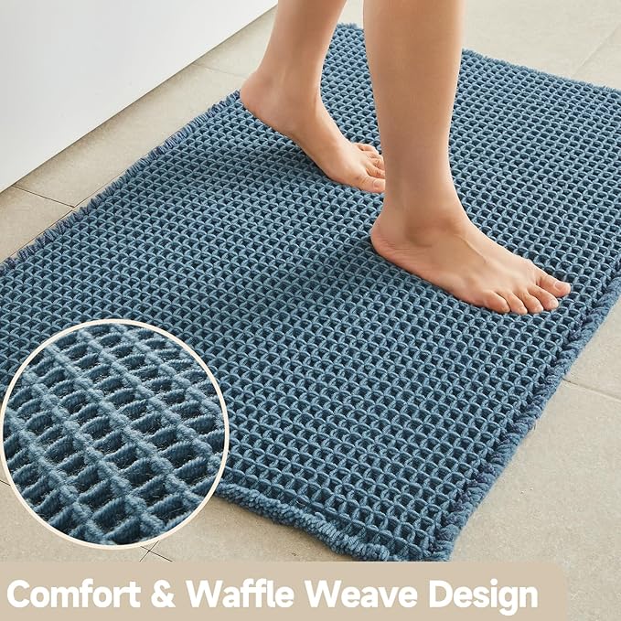 TYUU Waffle Bath Mat, Boho Bathroom Rugs Non Slip Washable Super Absorbent Quick Dry Bath Mat Farmhouse Bathroom Decor, 36"x24" Denim Blue