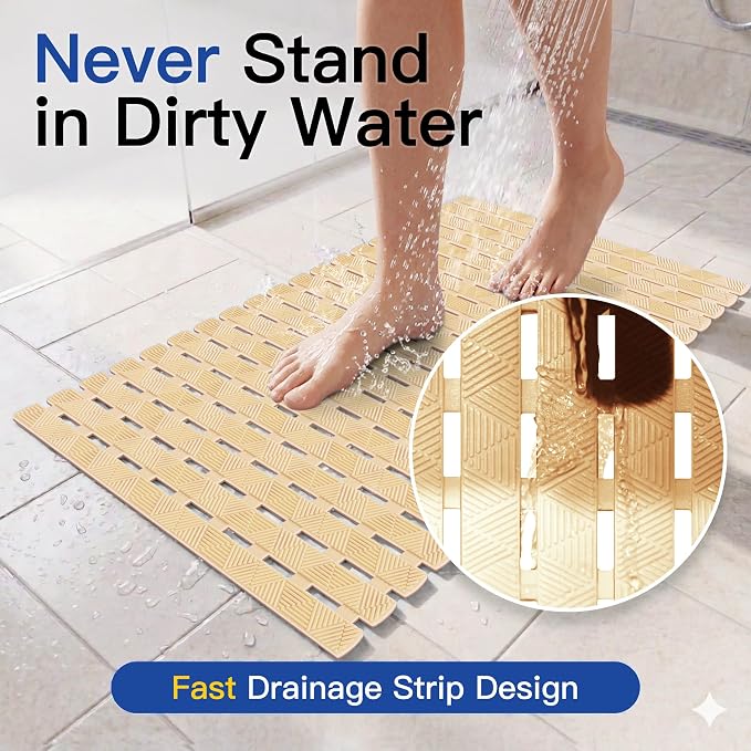 Non Slip Bathtub Mat - Shower Mats for Inside Shower, Rectangular PVC Tub Mat with 200+ Suction Cups for Safety, 27x16 Inch, Beige