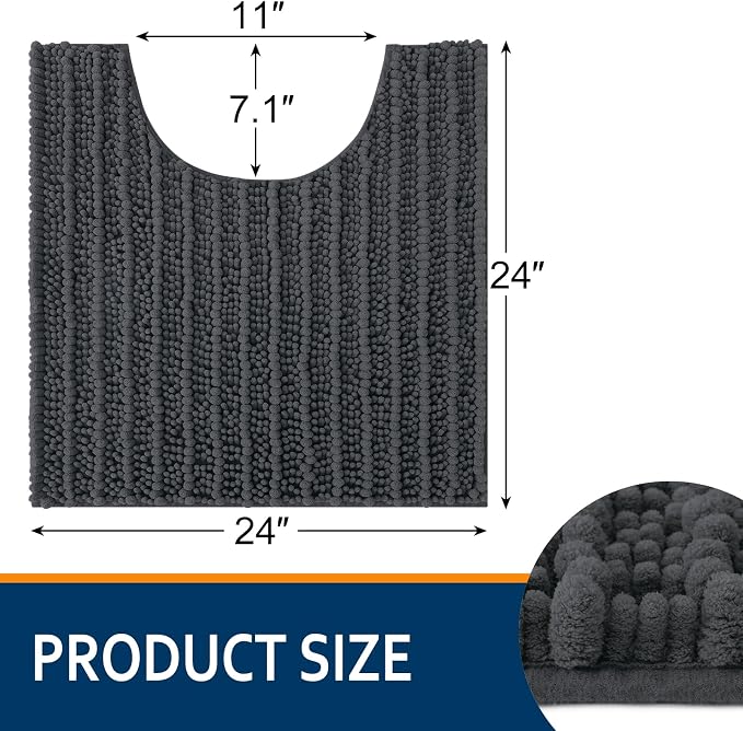 Smiry Bathroom Toilet Rugs U Shaped 24x24, Extra Soft Absorbent Non Slip Rubber Backing Chenille Contour Bath Rugs for Toilet, Machine Washable Contoured Bath Mats, Dark Grey