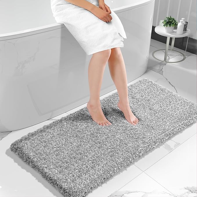 Yimobra Luxury Bathroom Rugs, Fluffy Bath Mats, Non Slip, Water Absorbent Microfiber, Machine Washable, Plush Runner Shower Rugs, Thick Matts for Bathroom Floor&Tub, 60" X 24", Light Gray and White