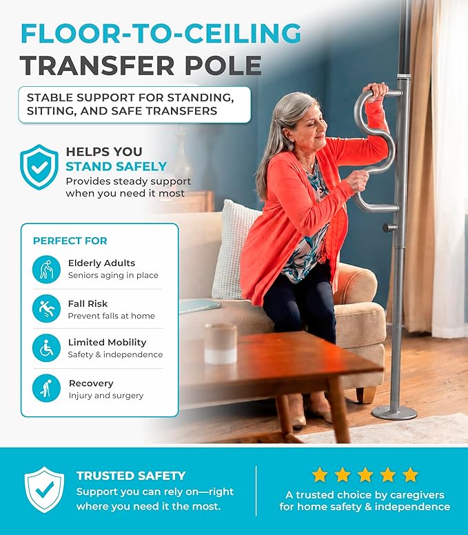 Stander Wonder Pole Plus with Rotating Double Grab Bar, Tension Mounted Security Pole for Seniors & Elderly Adults, No-Drill Floor to Ceiling Transfer Pole for Home & Bath Safety, Graphite