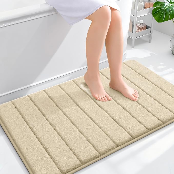 OLANLY Memory Foam Bath Mat 40x24, Super Soft Absorbent Bathroom Rugs, Quick Dry, Machine Washable Shower Floor Rugs, Bathmat Carpet, Bathroom Home Decor Accessories, Beige