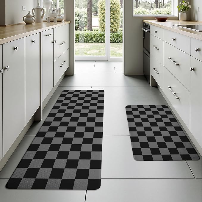 Black Grey Checkered Grid Checkerboard Kitchen Rug Sets [2 PCs], Anti-Fatigue, Waterproof Non-Slip Kitchen Mats Heavy Duty Comfort Foam Rug for Kitchen, Floor, Laundry,17"x29"+17"x47"