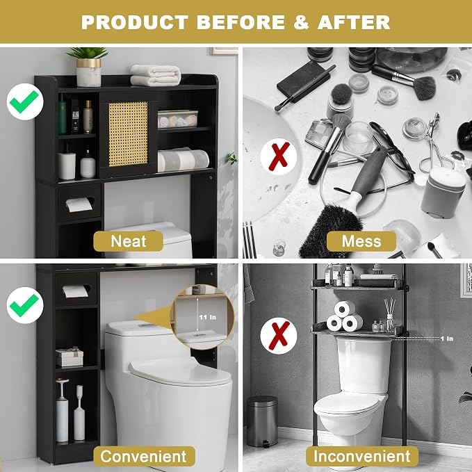SUNTAGE 6Tier Over The Toilet Storage Cabinet, Freestanding Above Toilet Space Saver Rack w/Adjustable Shelves, Sliding Door, Multifunctional Over Toilet Organizer for Bathroom (Black)