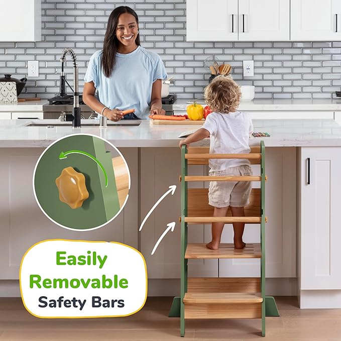 OCODILE Toddler Standing Tower - Adjustable Height Toddler Kitchen Stool Helper - Ideal Kids Kitchen Step Stool for Learning New Skills - Extra Secure with Safety Feet - Green