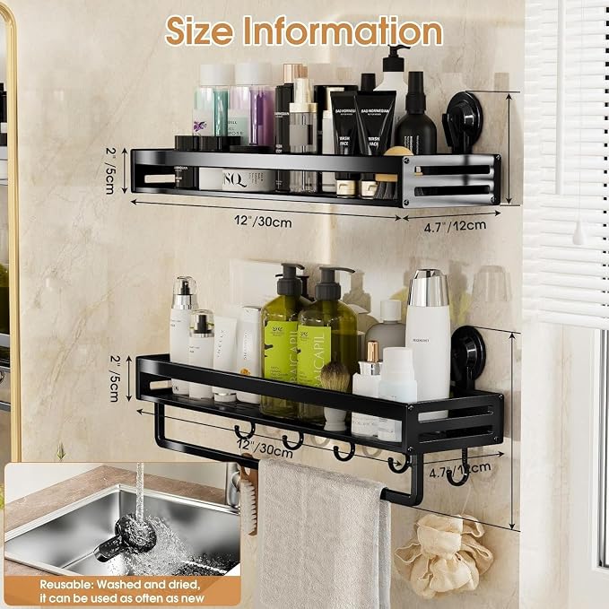 Suction Cup Shower Caddy, 11.8 inch Extended Version,5 Hooks & Towel Rrack, No Drilling Required, Rust-resistant Bathroom Shower Organizer,with 2 Extra Suction Cups for Replacement Use (2Pack-Black)