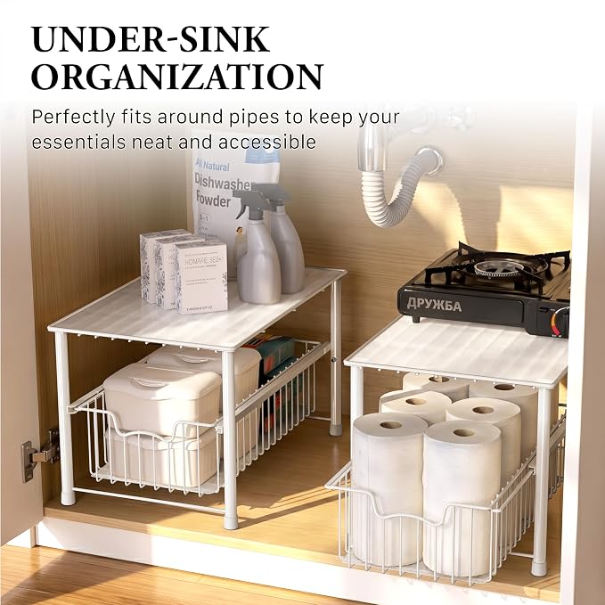 Simple Houseware Stackable Under Sink Cabinet Sliding Basket Organizer Drawer, White
