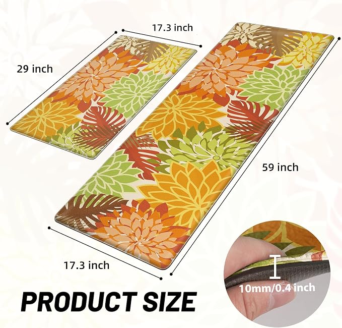 Arenarug Kitchen Mats for Floor 2PCS Cushioned Anti Fatigue Kitchen Mats Waterproof Non Slip Kitchen Rug Set Foam Standing Mat for Sink, Laundry, Office,17.3" x 28" + 17.3" x 59", Maple Orange