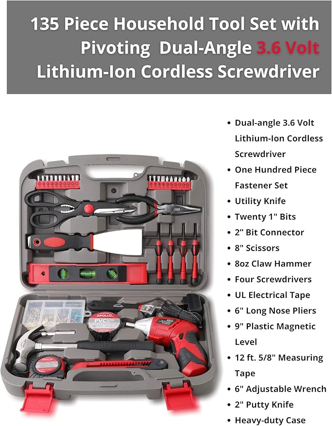 Apollo Tools 135 Piece Household Tool Set with Pivoting Dual-Angle 3.6 Volt Lithium-Ion Cordless Screwdriver – Includes Most-Needed Tool Selection and Hanging Assortment- Red - DT0773