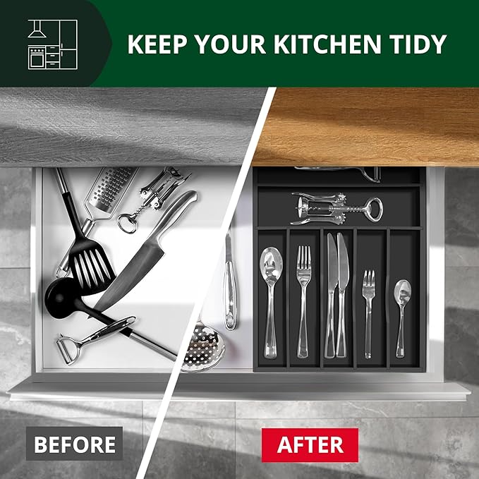 Luxury Bamboo Kitchen Drawer Organizer - Silverware Organizer - Utensil Holder and Cutlery Tray with Grooved Drawer Dividers for Flatware and Kitchen Utensils (7 Slot, Black)