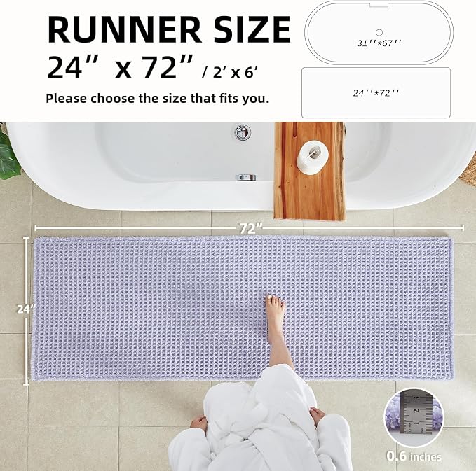 TYUU Waffle Runner Rug Bathroom, Boho Bathroom Rugs Non Slip Washable Long Super Absorbent Quick Dry Cute Bath Mat Farmhouse Bath Mat, 72''x24'' Lavender Cream