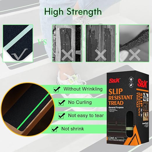 S&X Outdoor Stair Treads Non-Slip 25-Pack 6" x 24" with Glow-in-the-Dark Stripe Heavy Duty Anti Slip Tape for All Slippery Surfaces - Weather Resistant Grip Tape for Stairs, Steps