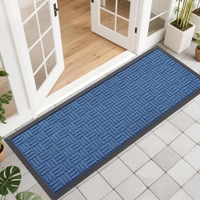 OLANLY Front Door Mat Outside Entrance 47x17, Absorbent, Heavy Duty Sturdy Natural Rubber Doormat Indoor Outdoor, Non-Slip, Stain and Fade Resistant, Low Profile Floor Mat for Entryway, Ocean Blue