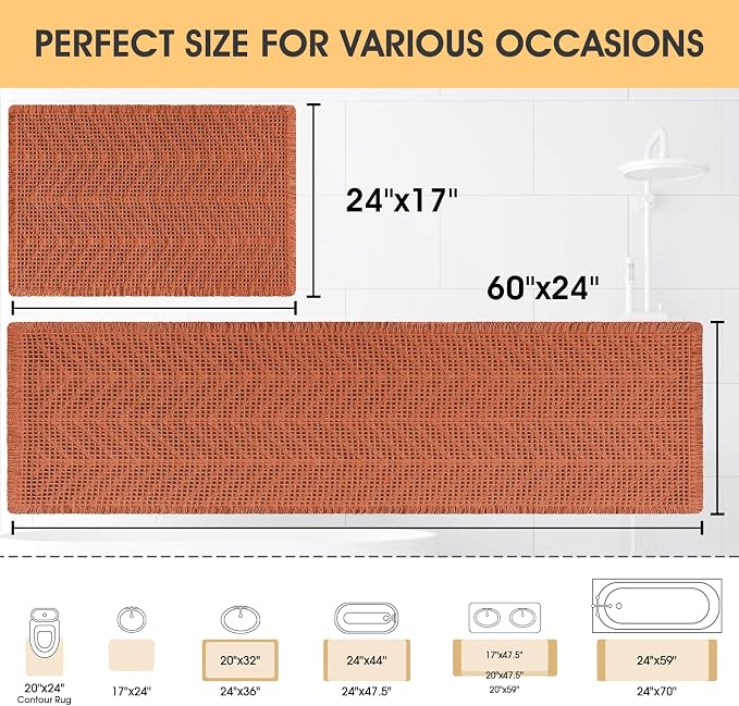 Upgrade Waffle Bath Mat Set 2 Piece, Boho Bathroom Rugs Absorbent Non Slip, Ultra Soft Bathroom Mat, Machine Washable Knit Bath Rugs with Herringbones for Bathroom,Bedroom, Shower, Tub, Burnt Orange