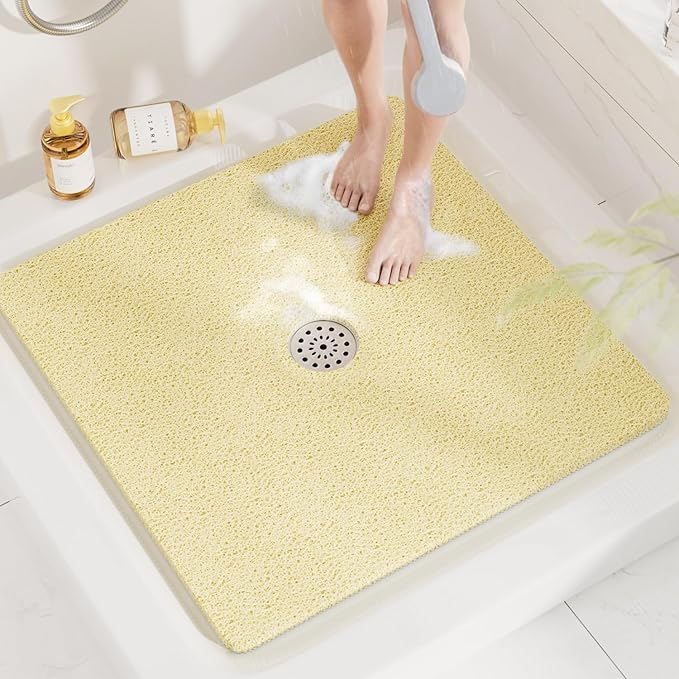 HITSLAM Square Shower Mat, 32 x 32 Inch Non Slip Bath Mat for Tub, Soft PVC Loofah Bathtub Mats with Drain Holes, Quick Drying Bathroom Stall Floor Mat, Bathroom Accessories Without Suction Cup, Beige