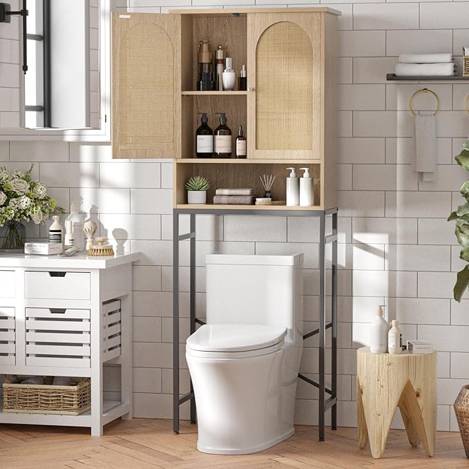 FiveWillowise Rattan Toilet Storage Cabinet, Over The Rack Wood Cabinet with Metal Stand, Bathroom Organizer with Adjustable Shelf, Tall Freestanding Washer Shelf, Small Cupboard, Natural