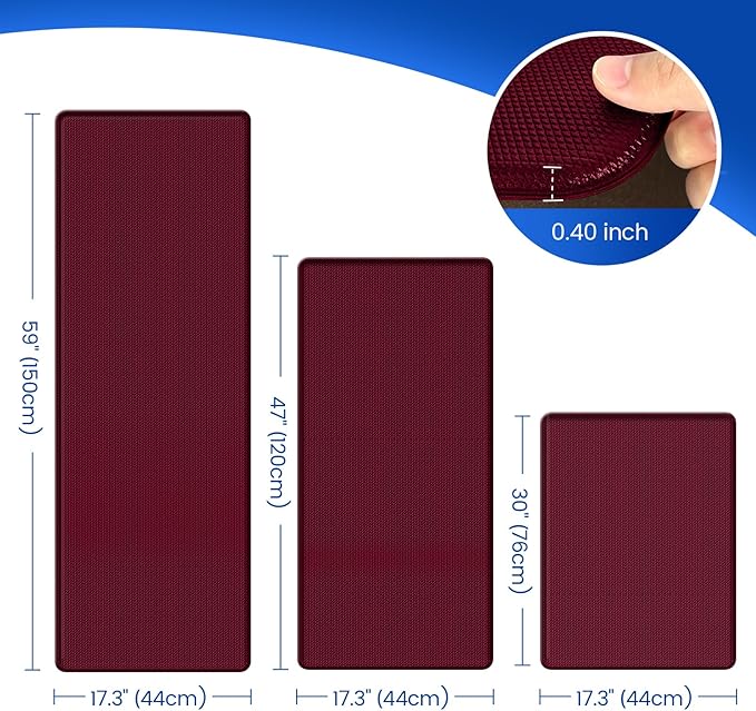 KitchenClouds Kitchen Mats for Floor,3PCS Kitchen Rugs,Non Slip Anti Fatigue Mats for Kitchen Floor,Waterproof Sink Mat,Cushioned Standing and Comfort Mats for Office,Red