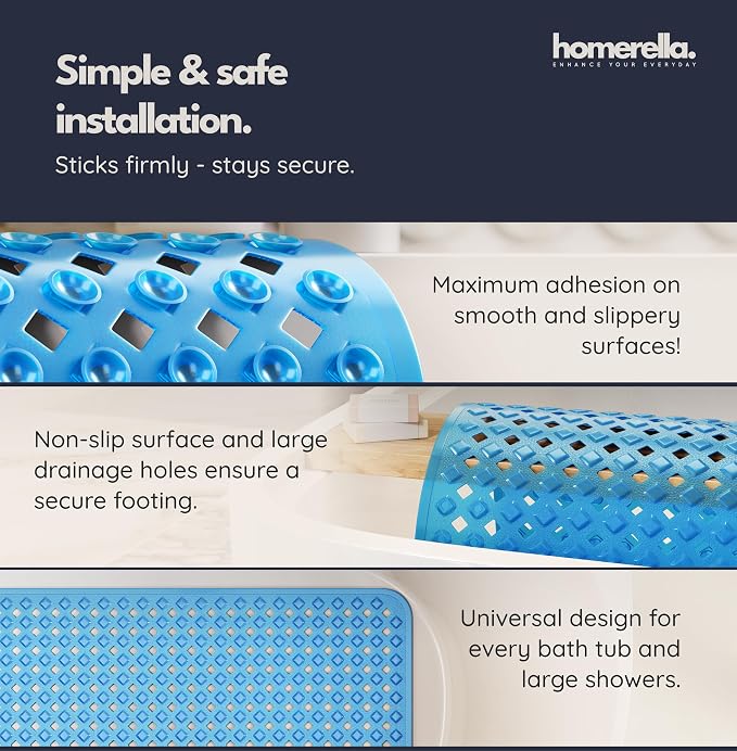 Bathtub Mat Non Slip 35x16 - homerella® Bath Mat Incl. Hooks for Drying, Extra Long, 100% BPA Free, Shower Mat Non Slip Anti Mold, Machine Washable, Shower Mats for Inside Shower Mildew Resistant