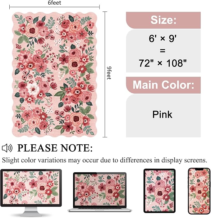 DUKINO 6x9 Area Rug, Floral Washable Rugs for Living Room with Non Slip Backing & Non-Shedding, Lightwight Low Pile Boho Design Large Carpets for Bedroom, Living Room, Dining Room, Pink