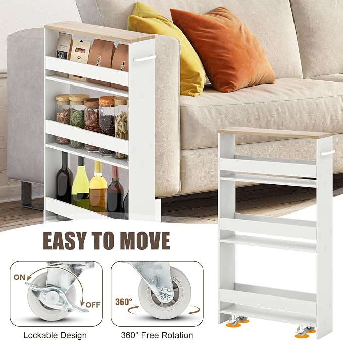 Giantex 4 Tier Rolling Slim Storage Cart, 5" Narrow Slide Out Kitchen Cart w/Handle & Open Shelves, Space-Saving Compact Mobile Utility Trolley for Small Space Laundry Room (White & Natural)