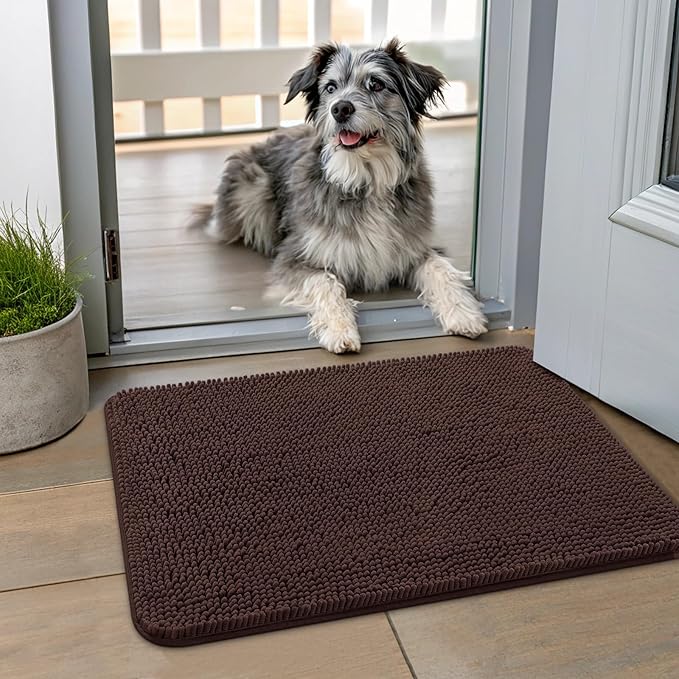 Smiry Dog Door Mat for Muddy Paws 24x16, Absorbent Dirt Trapper, Non-Slip Washable Chenille Entryway Rug for Inside Floor, Brown, Classic Solid