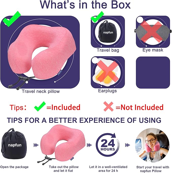 napfun Neck Pillow for Traveling, Upgraded Travel Neck Pillow for Airplane 100% Pure Memory Foam Travel Pillow for Flight Headrest Sleep, Portable Plane Accessories, Rose