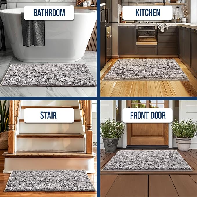 Muddy Mat Chenille Bathroom Rugs Quick Dry Microfiber Mats Non Slip Washable, Extra Thick, Soft and Highly Absorbent Bath Mats for Bathroom, Kitchen, and Shower Floor - Grey Medium 30"X19"