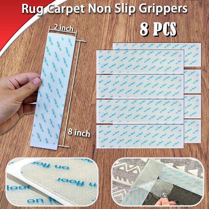 Rug Non Slip Grippers, 8Pcs Carpet Tape Reusable, No Residue on Hardwood Floors, Strong Hold Rug Stickers for Area Rugs, Keep Corners Flat, 2x8 Inch