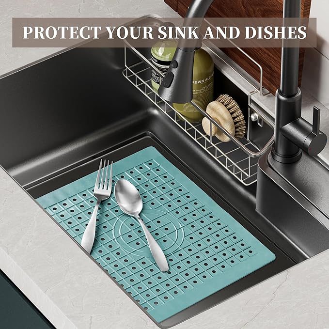 WILLKOMMEN Kitchen Sink Mat, 12" x 10" Rectangular Sink Protector Pad, Fast-Draining Grid Design Liner, Dish Drying Mat 2 Pack Mint Blue