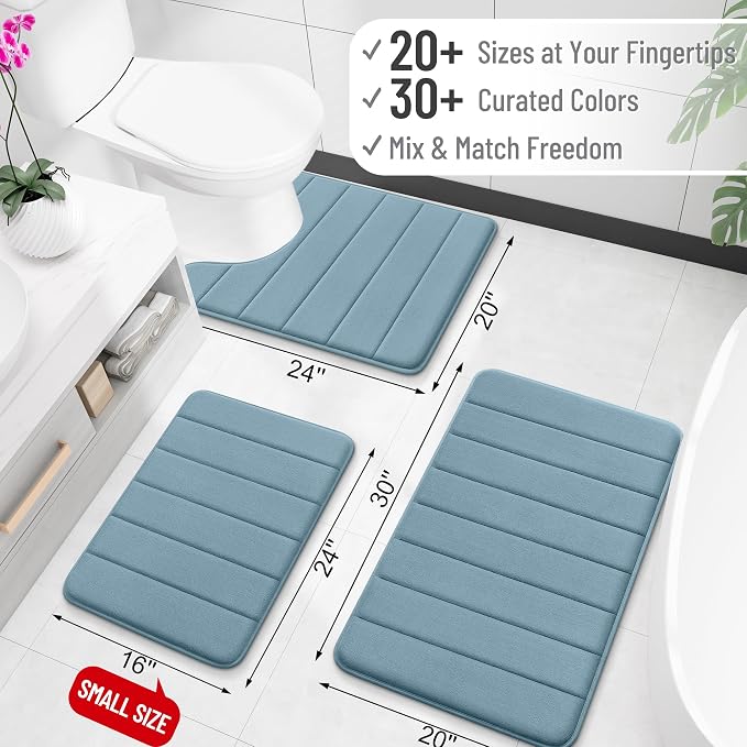 OLANLY Memory Foam Bath Mat 24x16, Super Soft Absorbent Bathroom Rugs, Quick Dry, Machine Washable Shower Floor Rugs, Bathmat Carpet, Bathroom Home Decor Accessories, Airy Blue