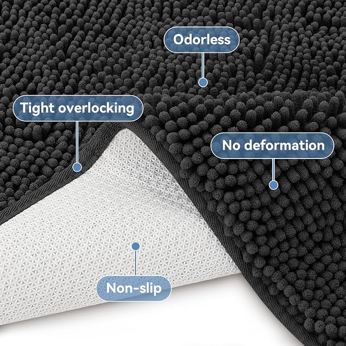 Bcoimo 44x24 Chenille Bath Mat – Non-Slip with Backing Bath Rug Ultra-Absorbent and Machine Washable Bathroom Mat Quick-Dry Design. Ideal for Bathroom Shower and Tub Areas