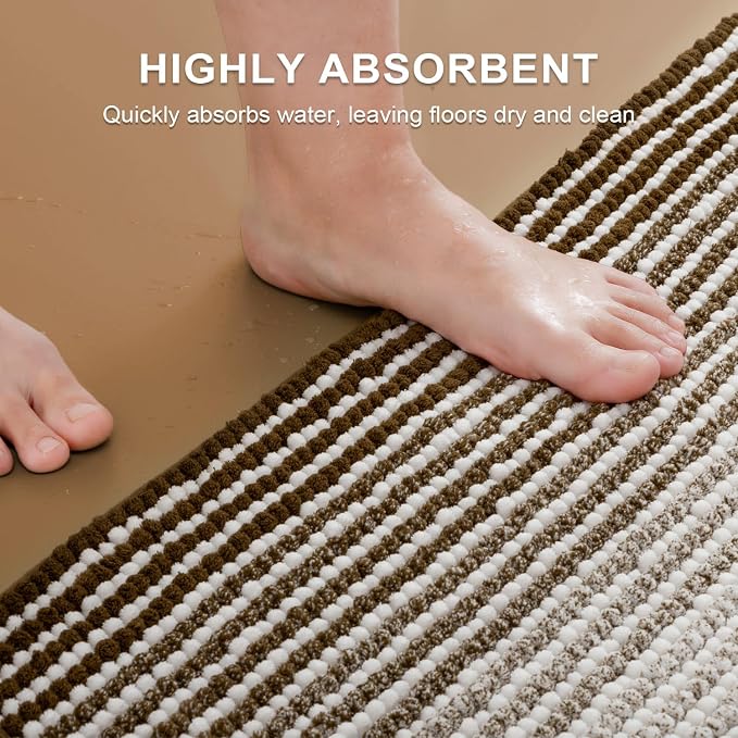 BSICPRO Bathroom Rugs and Mats Sets, 2 Piece Thick Absorbent Chenille Bath Mat Rug Set Non Slip, Soft Shaggy Bath Room Floor Mats for Bathroom, Machine Washable (Brown, 20" x 60" Plus 20" x 32")
