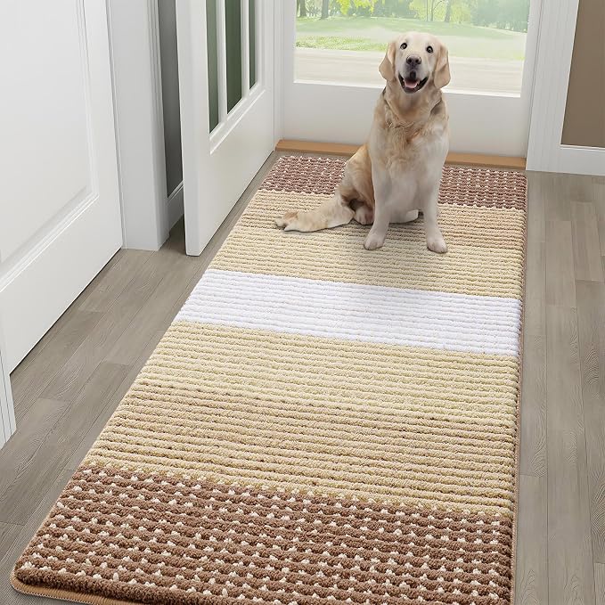 Kitinjoy Indoor Outdoor Door Mat, 59x24 Non-Slip Absorbent Dirt Trapper, Low-Profile Washable Inside Entrance Front Floor Mat, Sturdy Soft Entry Dotted Ombre Doormats for Entryway, Light Brown