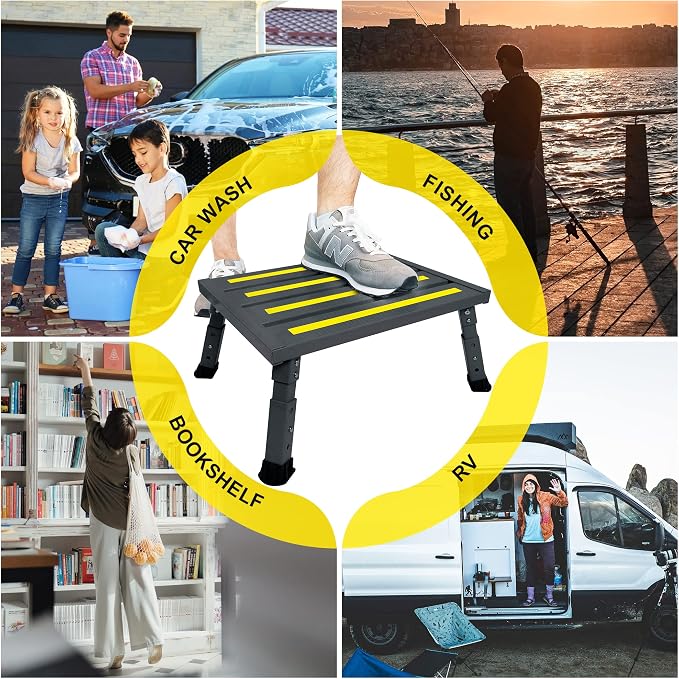 Adjustable Height Aluminum RV Step, Stable Foldable Platform Step Stool, Supports Up to 1,000 lb, Non-Slip Rubber Feet and Platform Mat, Easy to Carry (Black)