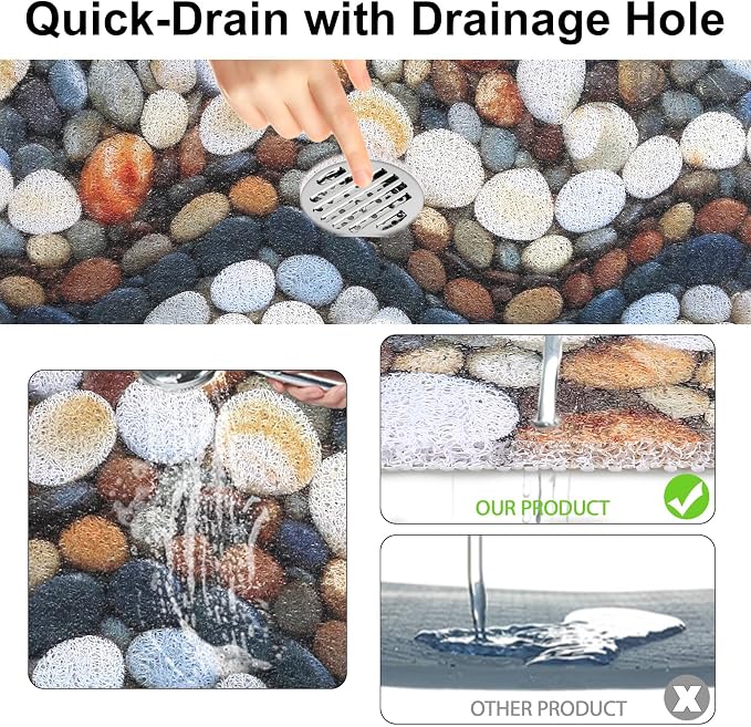 Square Shower Mat, Yonala 27 x 27 Inch Stylish Non Slip Shower Mats for Inside Shower with Central Drain Hole, Soft Trimmable PVC Loofah Anti Slip Shower Mat for Walk in Shower Stall, Quick Drying