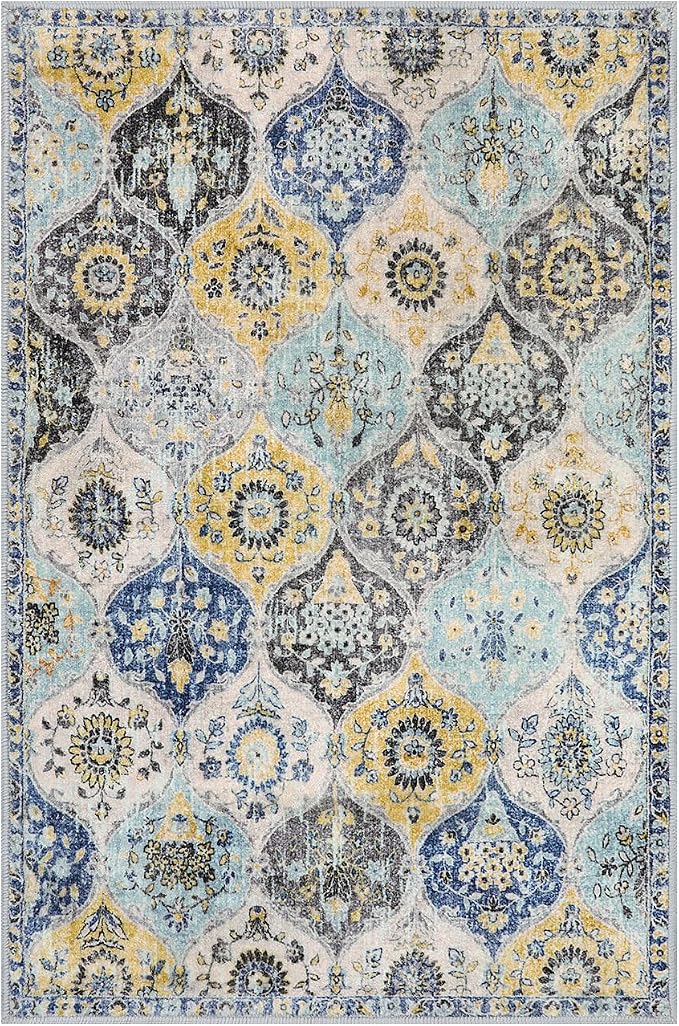 Lahome Moroccan Trellis Kitchen Rugs Non Slip Washable, 2x3 Rugs for Entryway Bathroom, Non-Slip Indoor Door Mat Ultra-Thin, Oriental Small Carpet for Bedroom Entry Elise, Yellow/Aqua