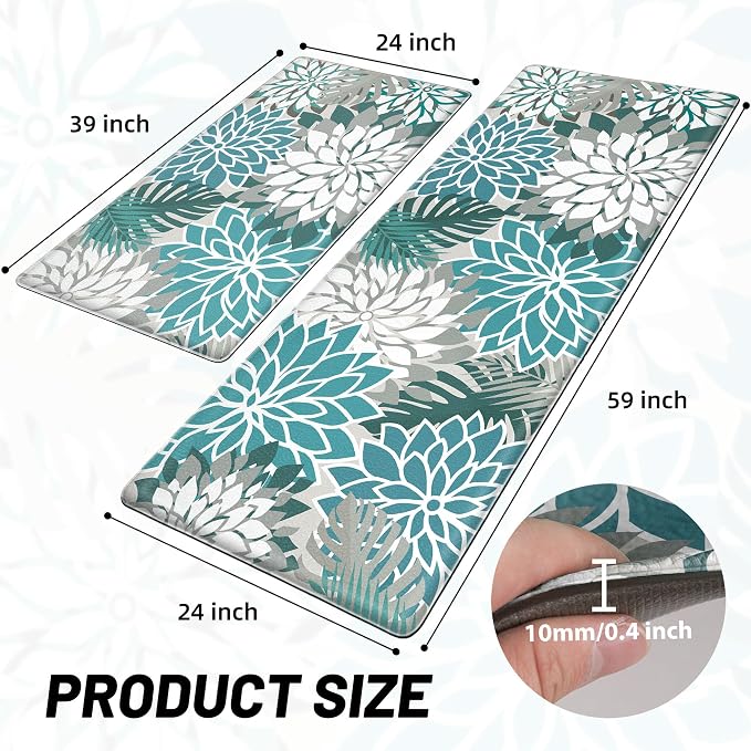Arenarug Kitchen Mats for Floor 2PCS Cushioned Anti Fatigue Kitchen Mats Waterproof Non Slip Kitchen Mat Rug Set Comfort Foam Standing Mat for Sink, Laundry, Office, 24"x39"+24"x59", Teal