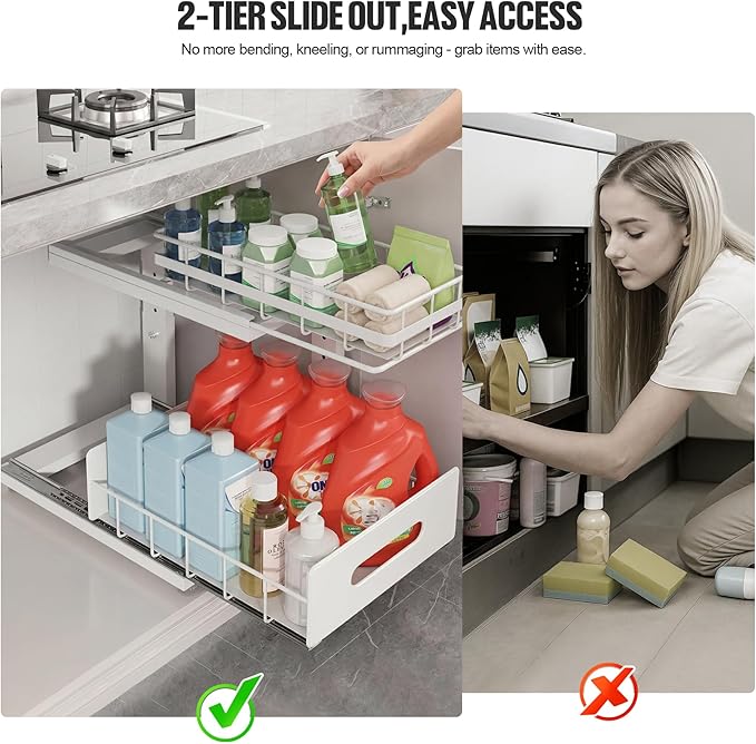 Under Sink Organizer Upgrade To Professional Rails,2-Tier Dual Pull Out Cabinet Storage,Height Adjustable Slide Out Drawers For Bathroom Kitchen,2 Pack-14.5" Dx12.8-16.9" H,White