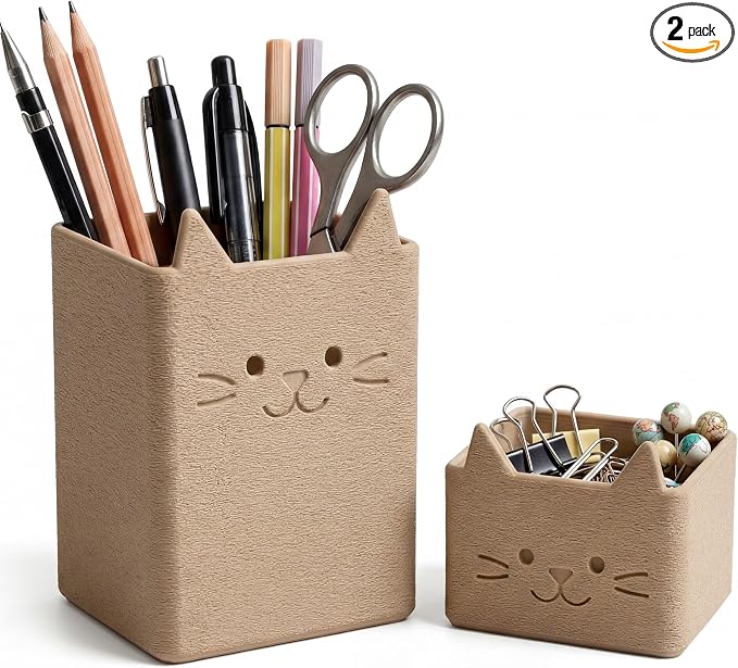 Office Desk Accessories, Set of 2 Pencil Cups, Cute Cat Pen Holder, Cute Desk Decor, Bathroom Organizer, Toothbrush Holders with Drainage, Makeup Brush Organizer, Cat Lover Gifts (Matte Latte Brown)
