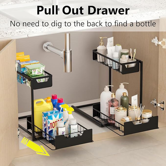 Ceetug Under Kitchen Sink Organizers and Storage Pull Out 2 Tier Metal Bathroom Cabinet Organizer (Black, 2 Pack)