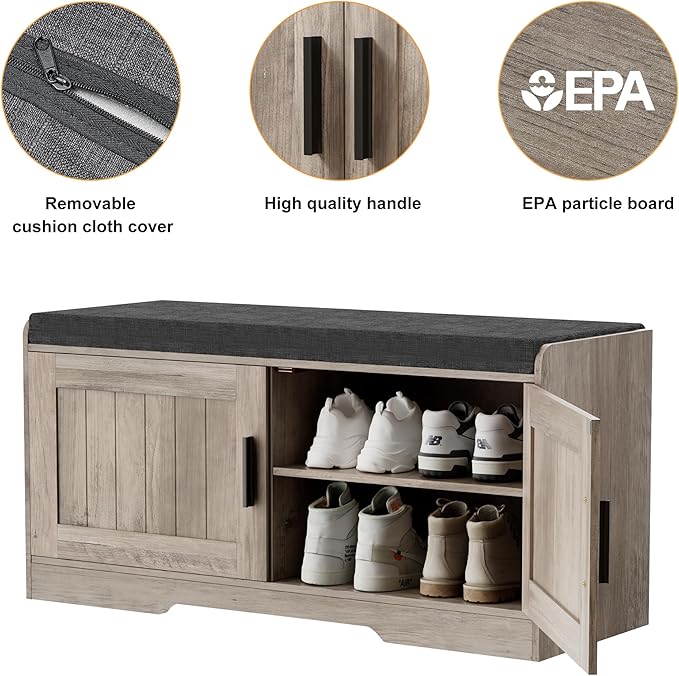 Homleke 2-Tier Storage Bench, Shoe Bench with Thickened Padded Seat Cushion, Entryway Bench with 2 Doors, Adjustable Shelf, 13.8" D x 37.4" W x 18.5" H, for Entryway, Living Room, Bedroom, Greige