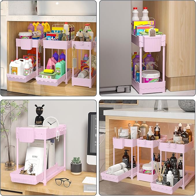 Sevenblue 3 Pack Under Sink Organizers, 2-Tier Multi-Use Kitchen and Bathroom Organizers and Storage with Sliding Drawers, Bathroom Cabinet Organizer (Pink, 14.8 Inch)