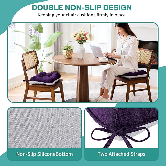 BETU Chair Cushions for Dining Chairs Set of 6,3.5" Thick Kitchen Table Chair Pads with Ties,Non Slip Backing and Covers, Seat Cushion for Dining Room,Bar,Patio Chairs,15.5"X15.5"X3.5",Dark Purple