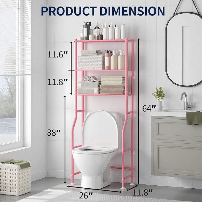 GloTika 3-Tier Over Toilet Storage Rack, Metal Over Toilet Bathroom Organizer Shelf, Freestanding Space Saver Storage Shelves for Bathroom/Laundry/Living Room (Pink)