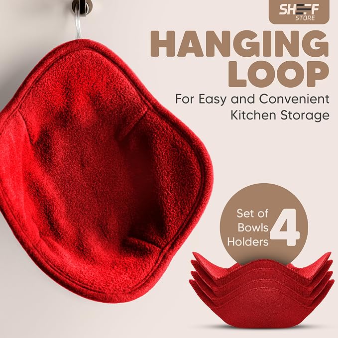 Sheff Microwave Bowl Cozy Holders Set of 4 - Durable and Reliable for Hot and Cold Plates and Dishes - Ideal Household Gift (Red, 7 inch)