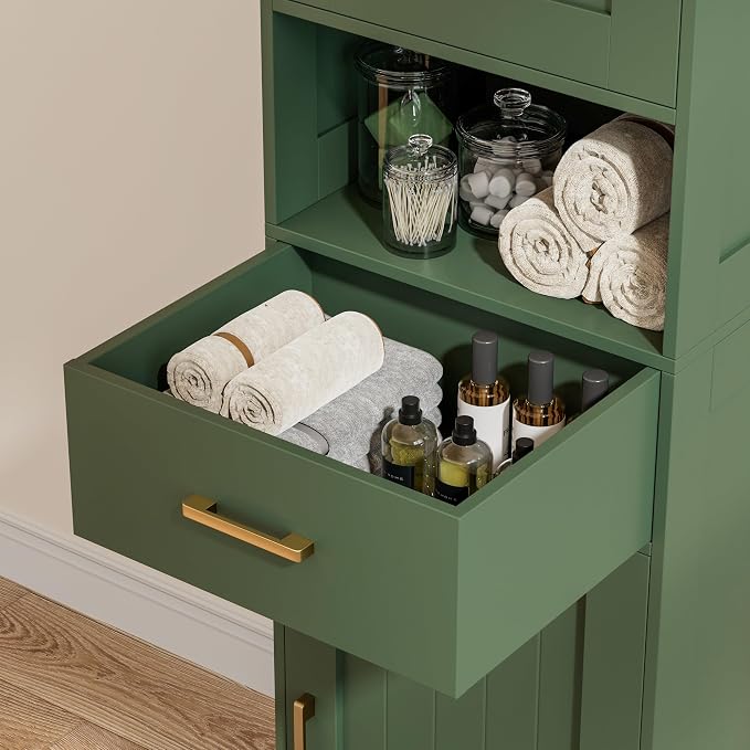 Homhedy 67" H Bathroom Storage Cabinet, Tall Storage Cabinet with Adjustable Shelves, Freestanding Cabinet with Doors and Drawer, Narrow Cabinet for Bathroom, Living Room, Kitchen, Dining Room, Green