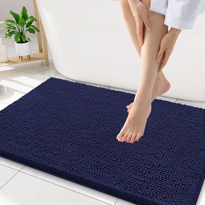 Smiry Luxury Chenille Bathroom Rugs 34x21, Extra Soft and Absorbent Shaggy Bath Mat, Machine Washable, Non-Slip Plush Carpet Runner for Tub, Shower, and Floor, Home Decor Accessories, Navy Blue
